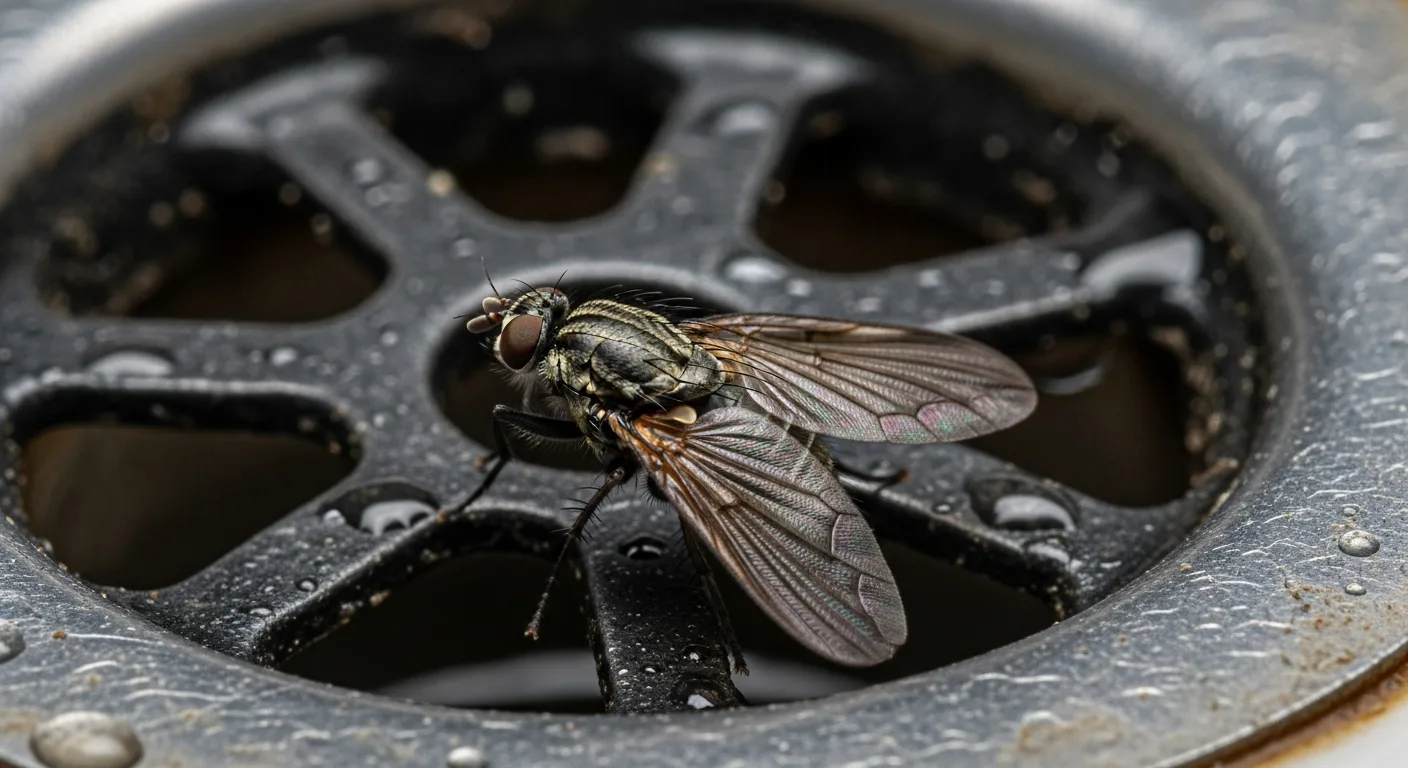 drain fly near bathroom sink drain — boiling water can disrupt biofilm where drain flies breed