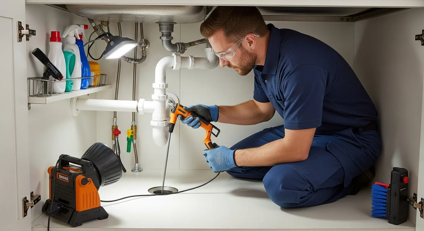 Tulsa plumber clearing kitchen sink clog with drain snake — Tulsa Sewer & Drain