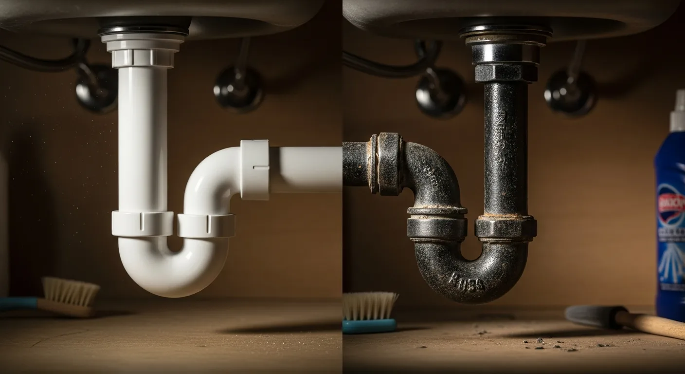 PVC drain pipe vs cast iron pipe under sink — Tulsa homes before 1970 often have metal drain lines