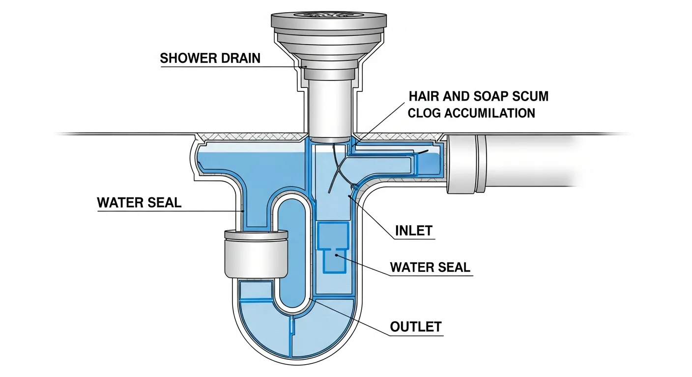 Shower P-trap diagram showing where clogs form