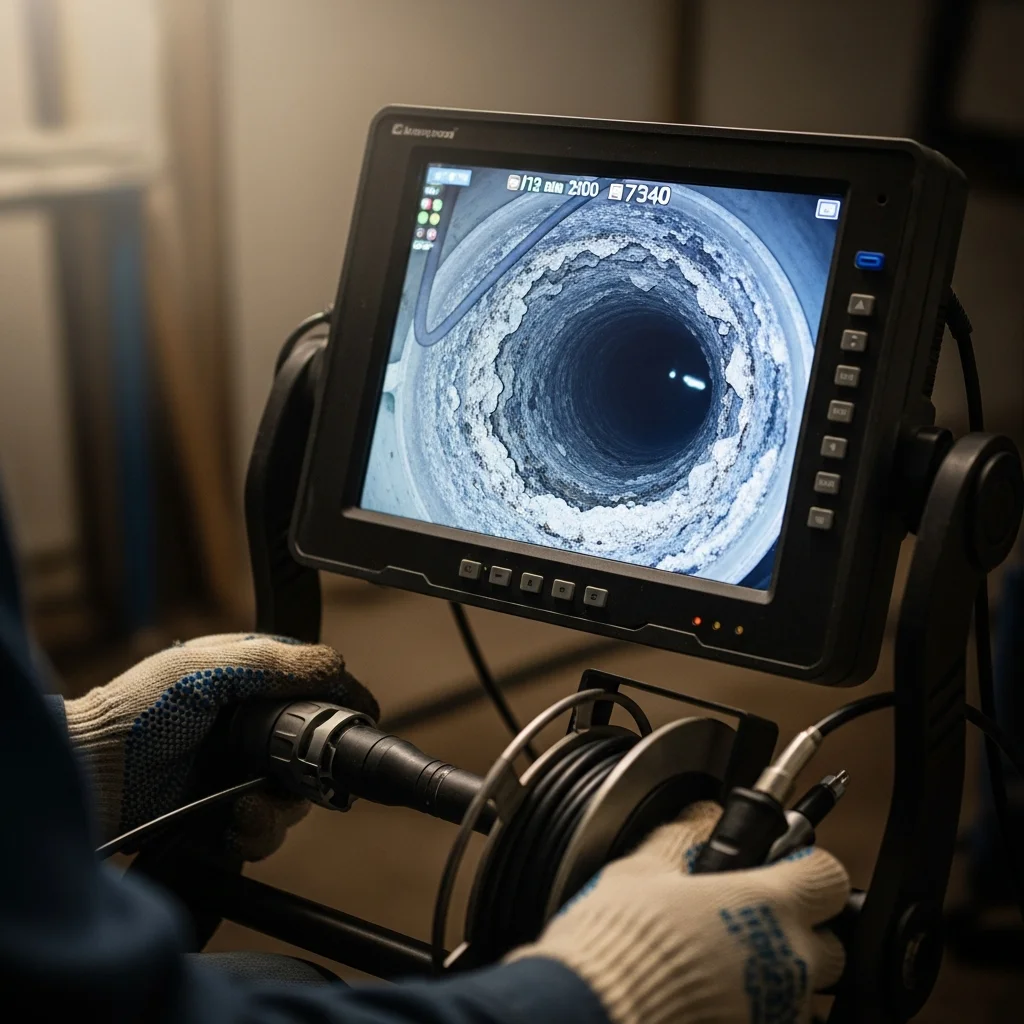 Sewer camera monitor showing cast iron drain pipe interior with scale buildup, technician holding push camera equipment in Tulsa OK