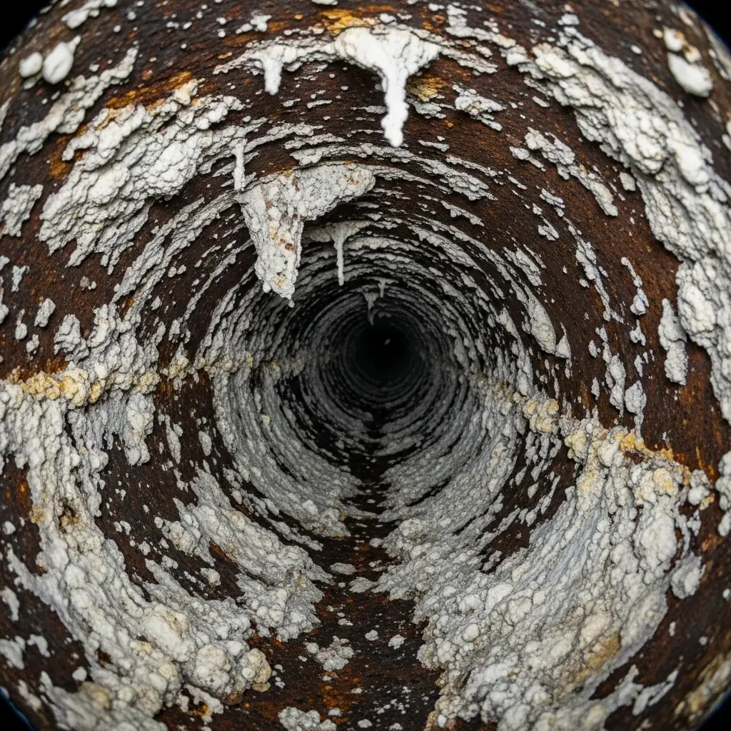 Sewer camera view of cast iron pipe interior with heavy mineral scale buildup narrowing the pipe diameter, common in older Tulsa homes