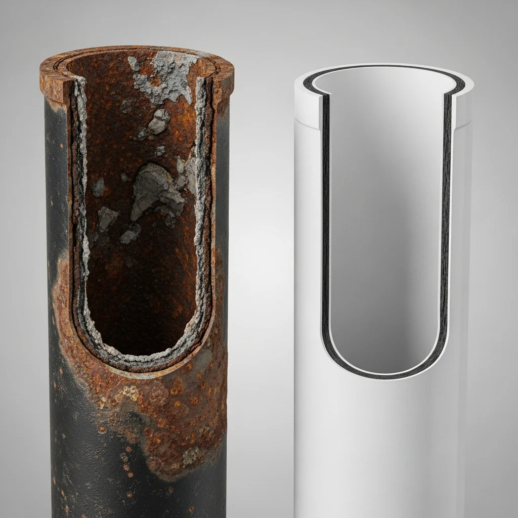 Side-by-side comparison of corroded cast iron drain pipe versus clean white PVC pipe, common plumbing materials in Tulsa OK homes
