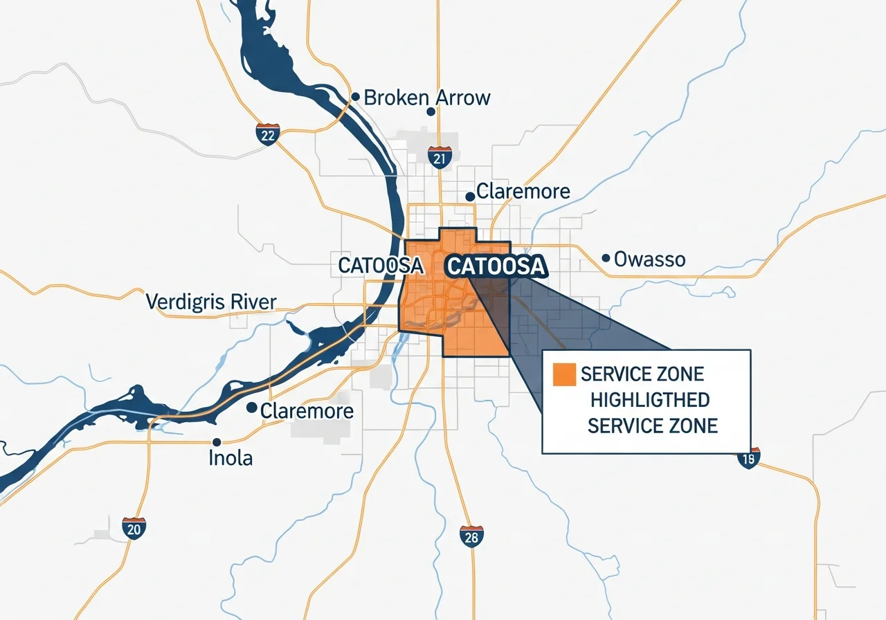 Tulsa Sewer & Drain service area map covering Catoosa OK