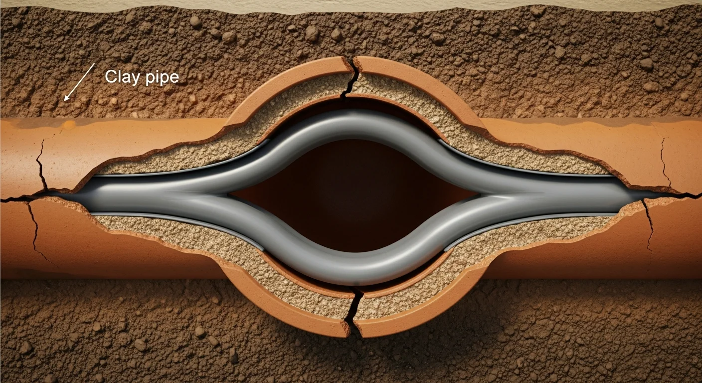 Cross-section view of CIPP pipe lining process showing flexible epoxy liner being inserted into a cracked clay sewer pipe and cured in place to form a new seamless pipe interior