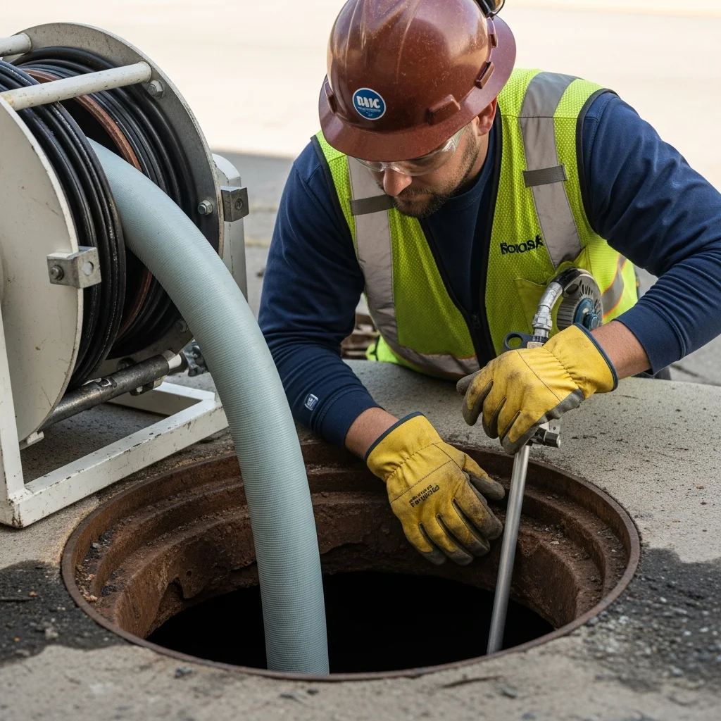 Technician inserting CIPP trenchless pipe liner into sewer access point, no-dig sewer repair method in Tulsa OK