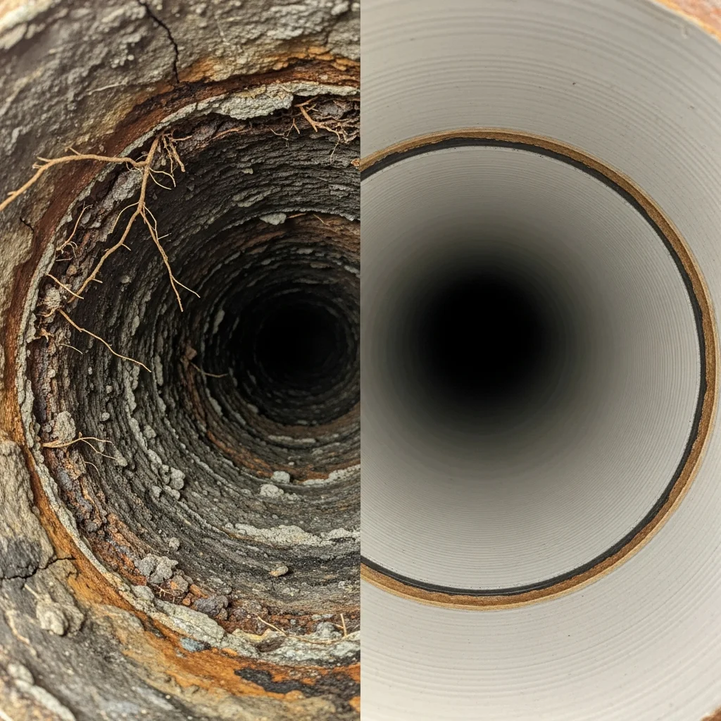 Split view comparing corroded clay pipe on the left versus new pipe liner on the right