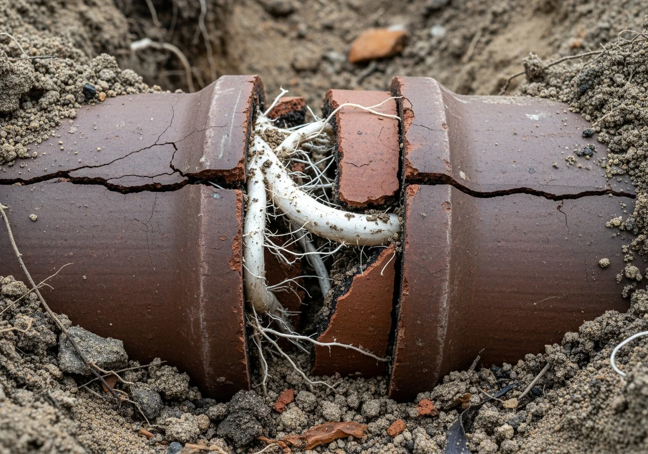 Close-up cracked clay sewer pipe with visible root growth, Owasso OK