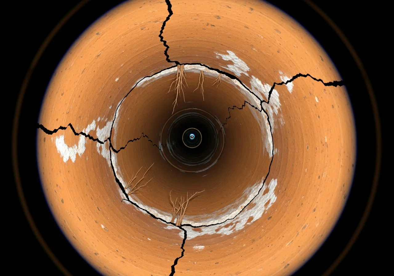Sewer camera footage showing cracked clay pipe interior from a Tulsa home with visible hairline fractures and root intrusion at pipe joints