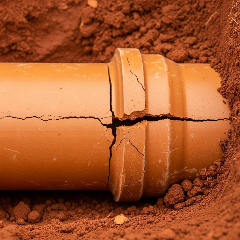 Cracked clay sewer pipe excavated in Tulsa OK requiring professional repair