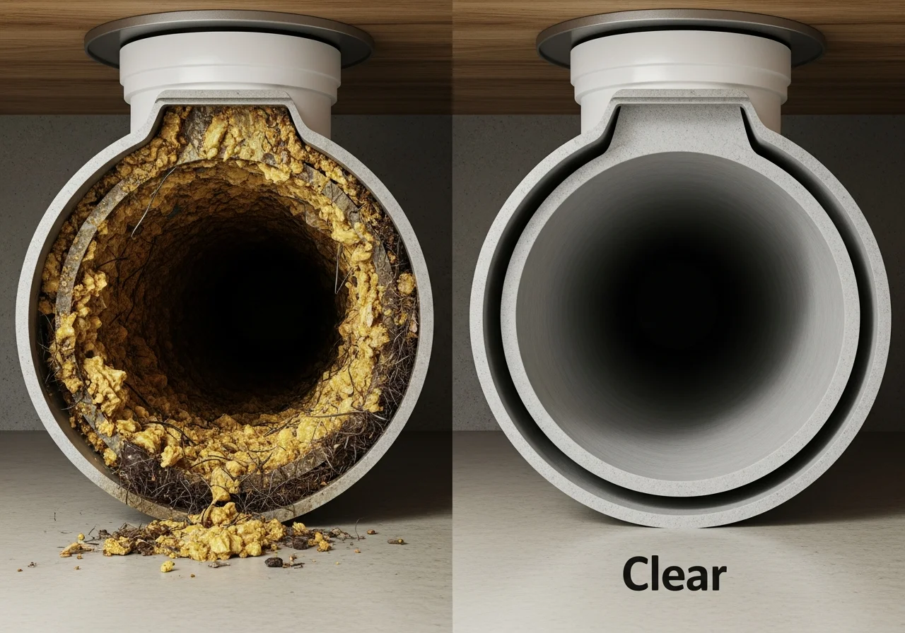 Side by side blocked versus cleared drain pipe comparison, drain cleaning Owasso OK
