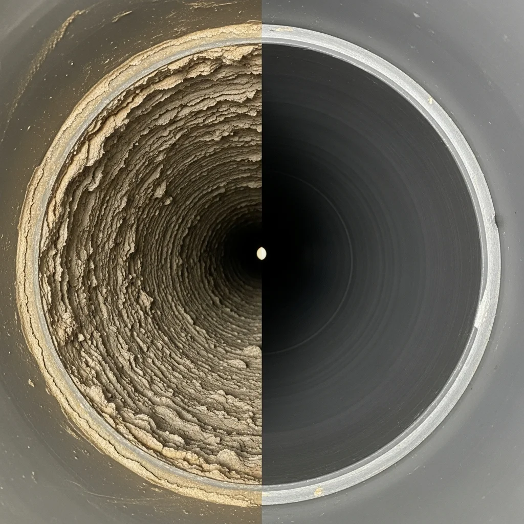 Before and after drain pipe interior: left side clogged with scale and grease buildup, right side clean after professional hydro jetting in Tulsa OK