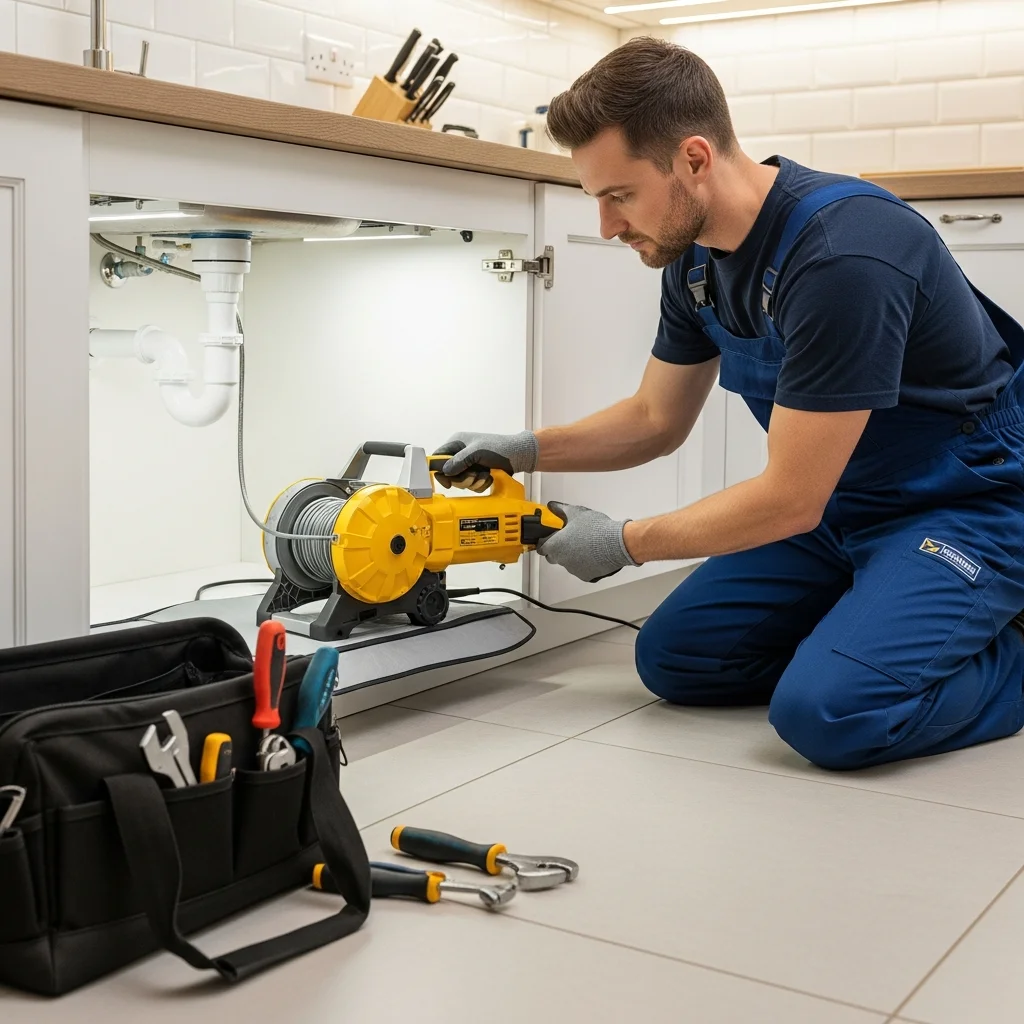 Professional plumber feeding cable machine into kitchen sink drain, drain cleaning service in Tulsa OK