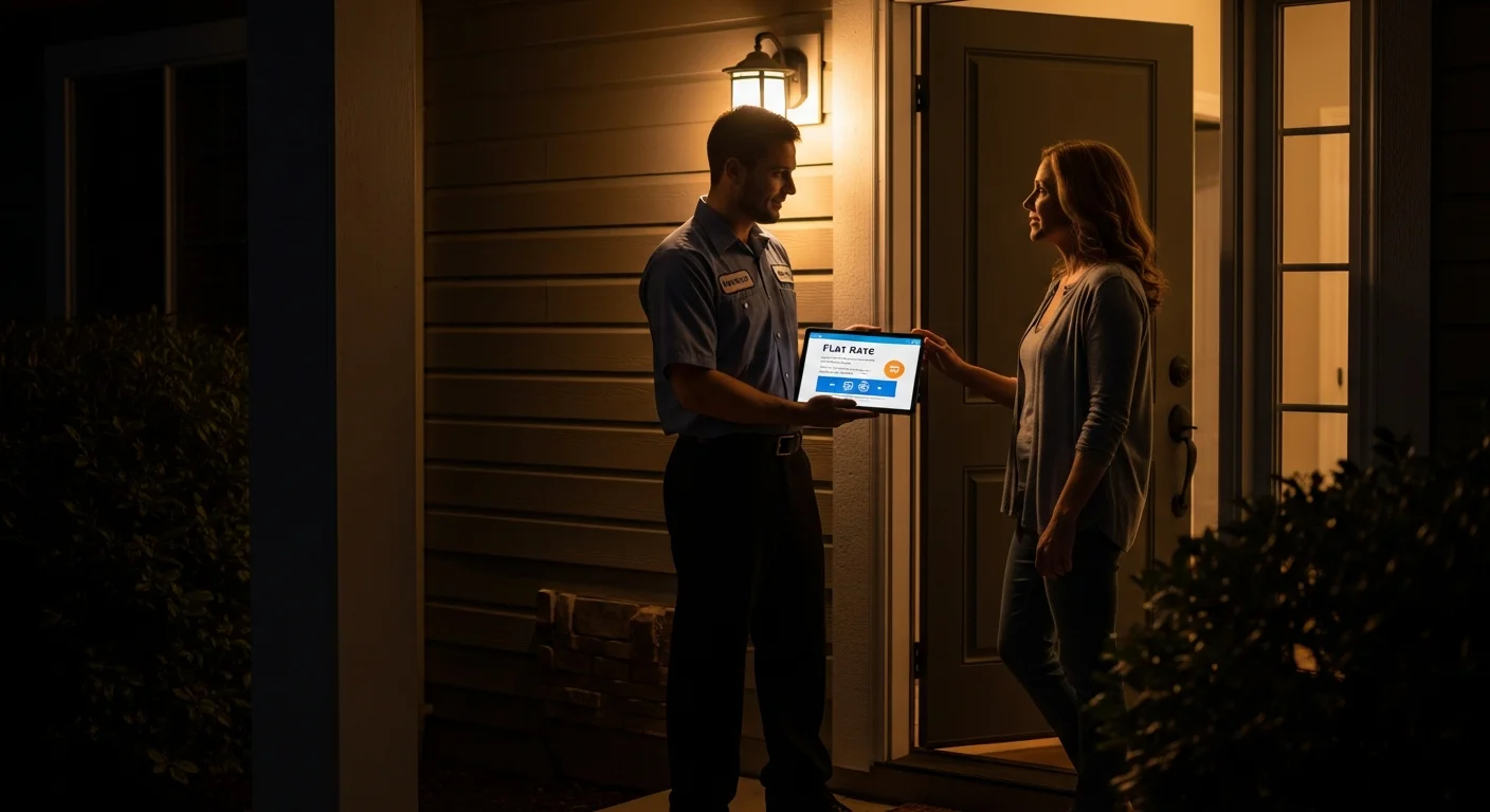 plumber showing homeowner flat-rate quote on tablet at front door night