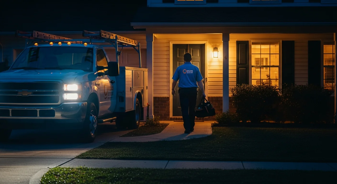 licensed emergency plumber arriving at Tulsa home at night