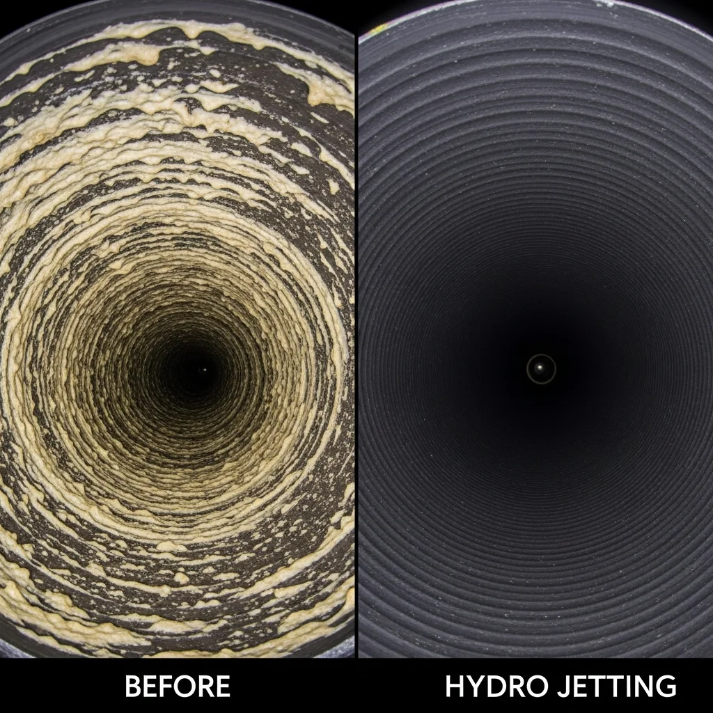 Split screen sewer camera view showing pipe before and after hydro jetting — heavy buildup on left, clean pipe on right, Tulsa OK