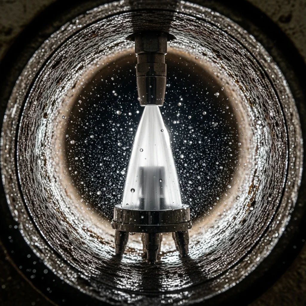 Close-up of hydro jetting nozzle inside drain pipe spraying high-pressure water 360 degrees, professional sewer cleaning Tulsa OK