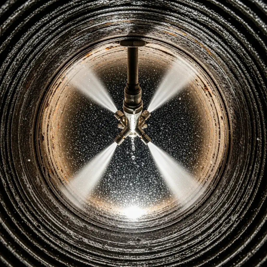 High-pressure hydro jetting nozzle blasting water inside drain pipe, sewer cleaning service Tulsa OK