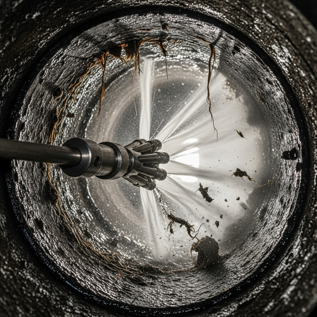 Hydro jetting nozzle clearing blocked sewer pipe, Tulsa OK
