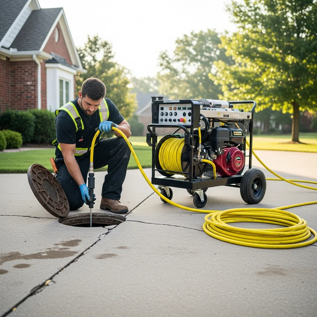 Plumber feeding high-pressure hydro jetting hose into residential sewer cleanout access point at Tulsa home