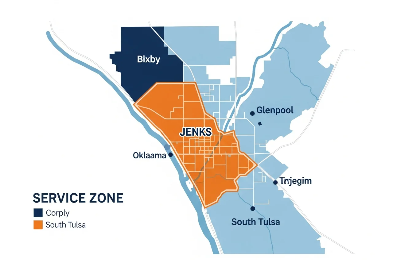 Tulsa Sewer & Drain service area map including Jenks, OK