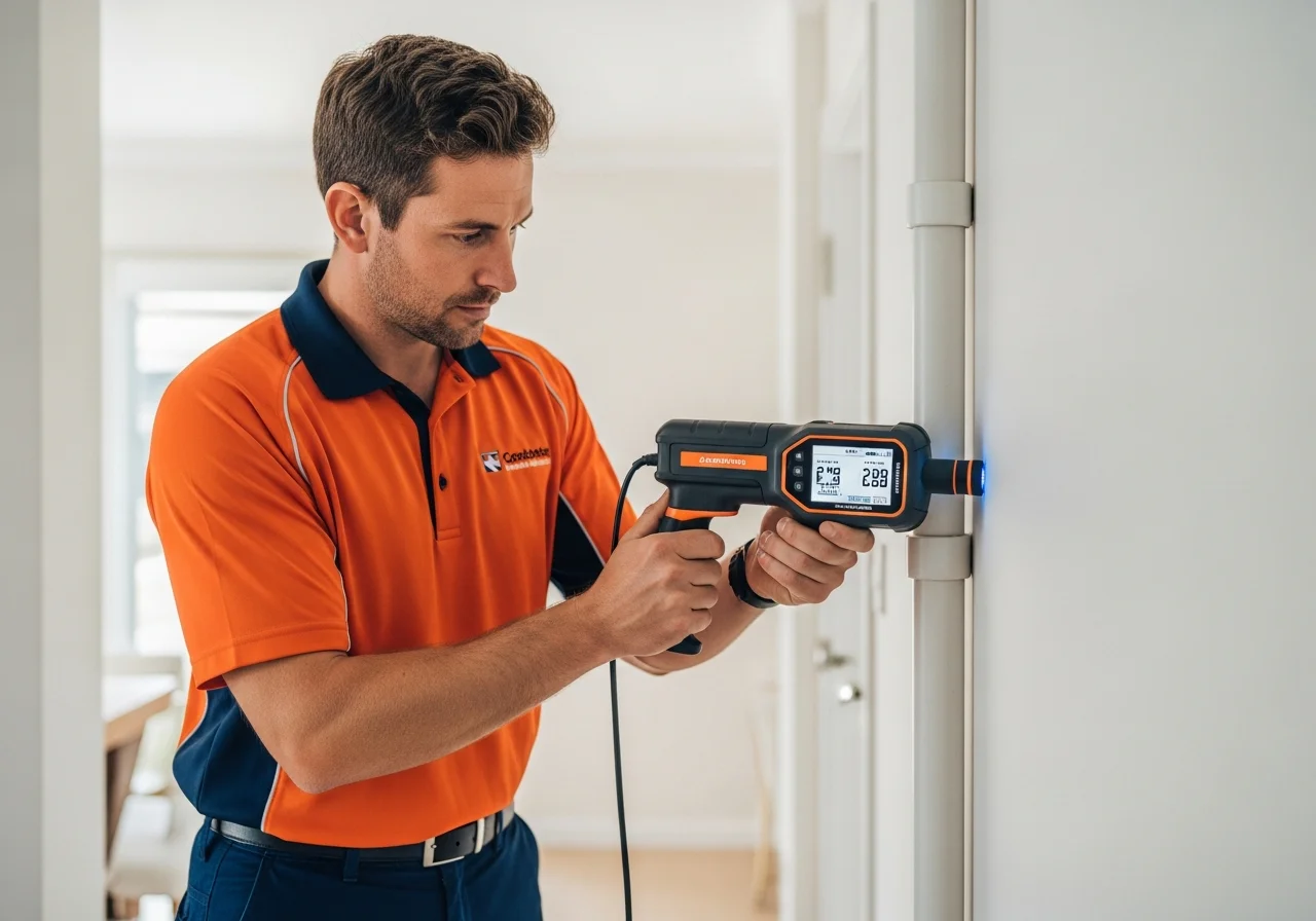 Professional plumber using electronic leak detection device to find hidden pipe leak in Tulsa home