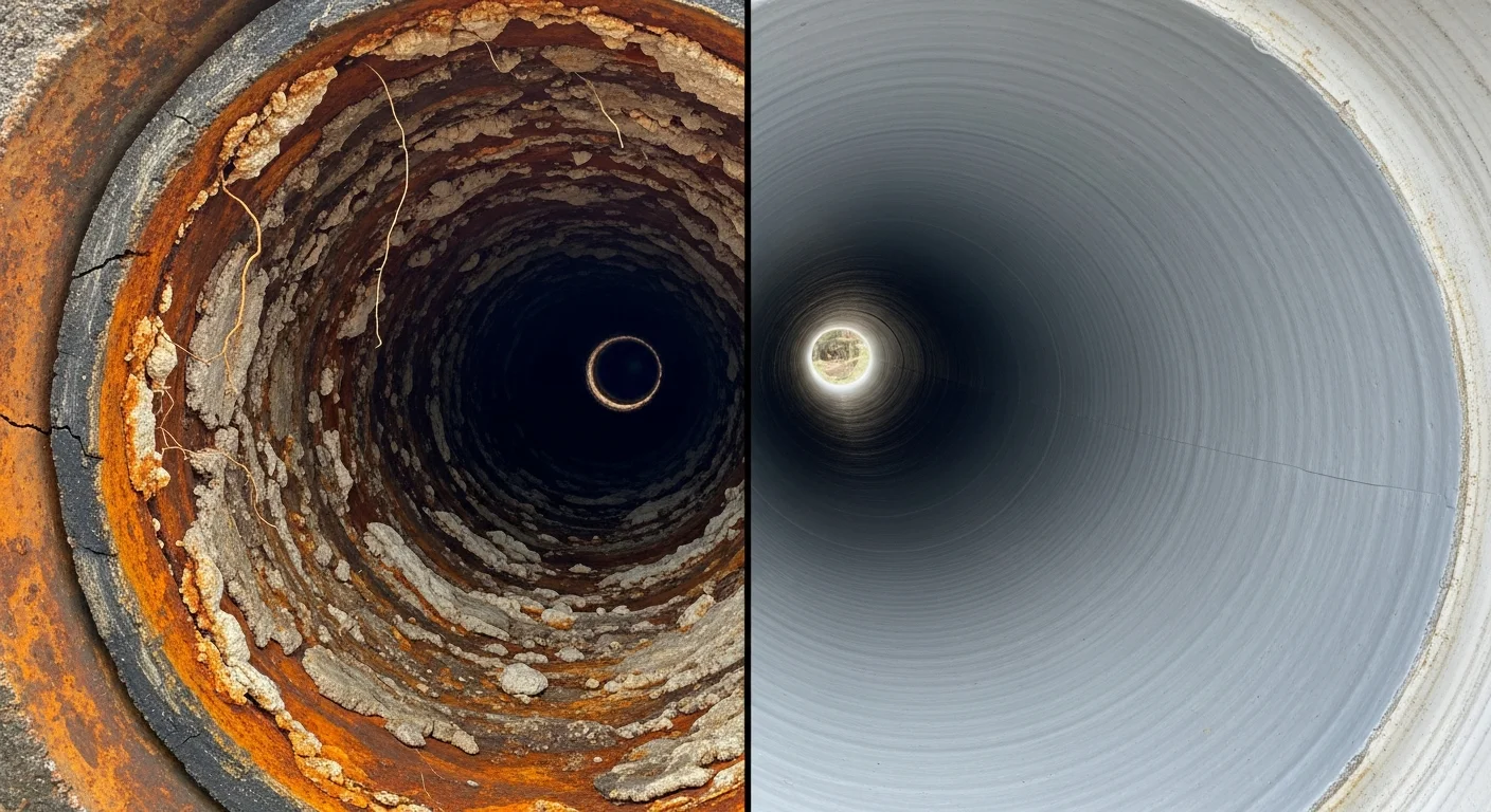 Split-view sewer pipe interior before and after CIPP lining — left shows deteriorated cracked clay pipe with root intrusion, right shows smooth clean epoxy-lined pipe interior after repair