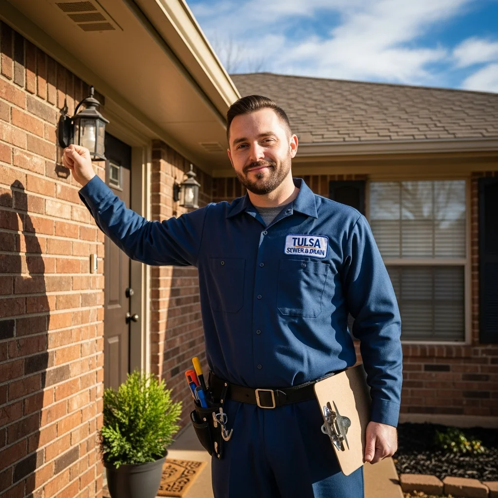 Tulsa Sewer & Drain technician in uniform arriving at a Tulsa home front door