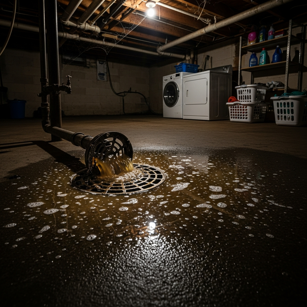 Floor drain with sewage backup visible in Tulsa home
