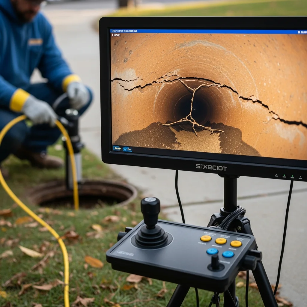 HD sewer camera monitor showing cracked clay pipe interior with live footage, technician operating push camera equipment in Tulsa OK