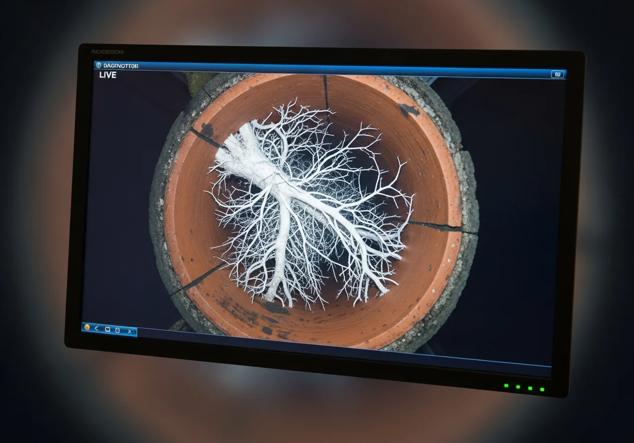 Sewer camera screen showing root intrusion inside clay tile pipe, Owasso OK