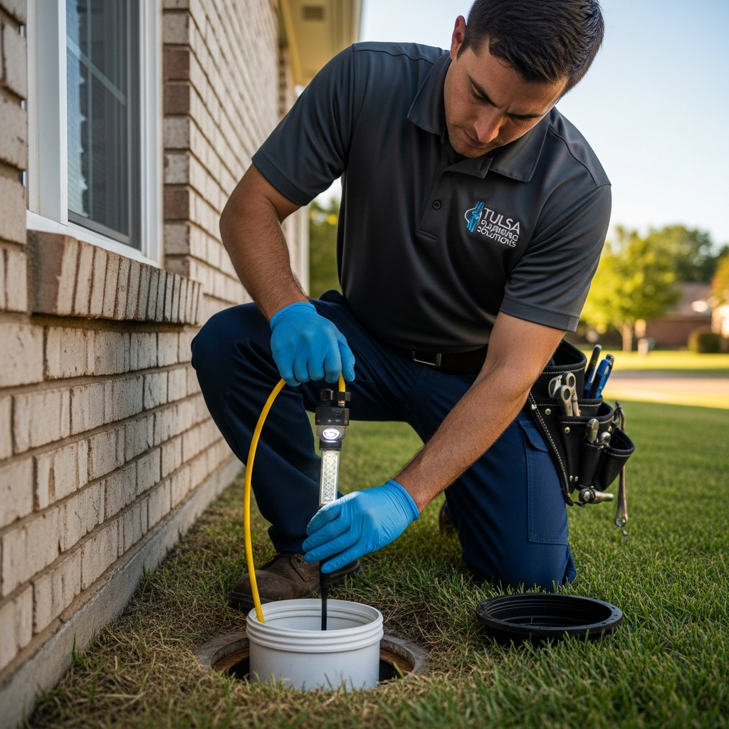 Tulsa Sewer & Drain technician inserting sewer camera into main line cleanout