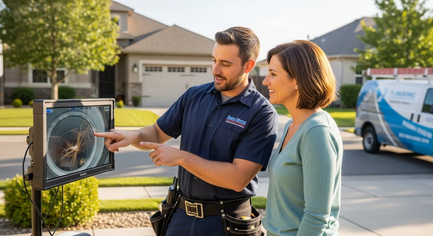 Tulsa plumber showing homeowner sewer camera results