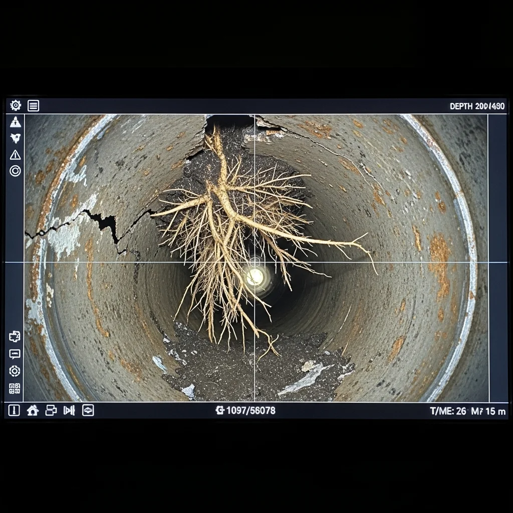 Sewer camera inspection screen showing root intrusion inside a pipe