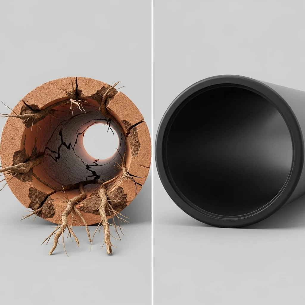 Split view comparison of damaged clay sewer pipe with root intrusion versus new HDPE replacement pipe, sewer repair Tulsa OK
