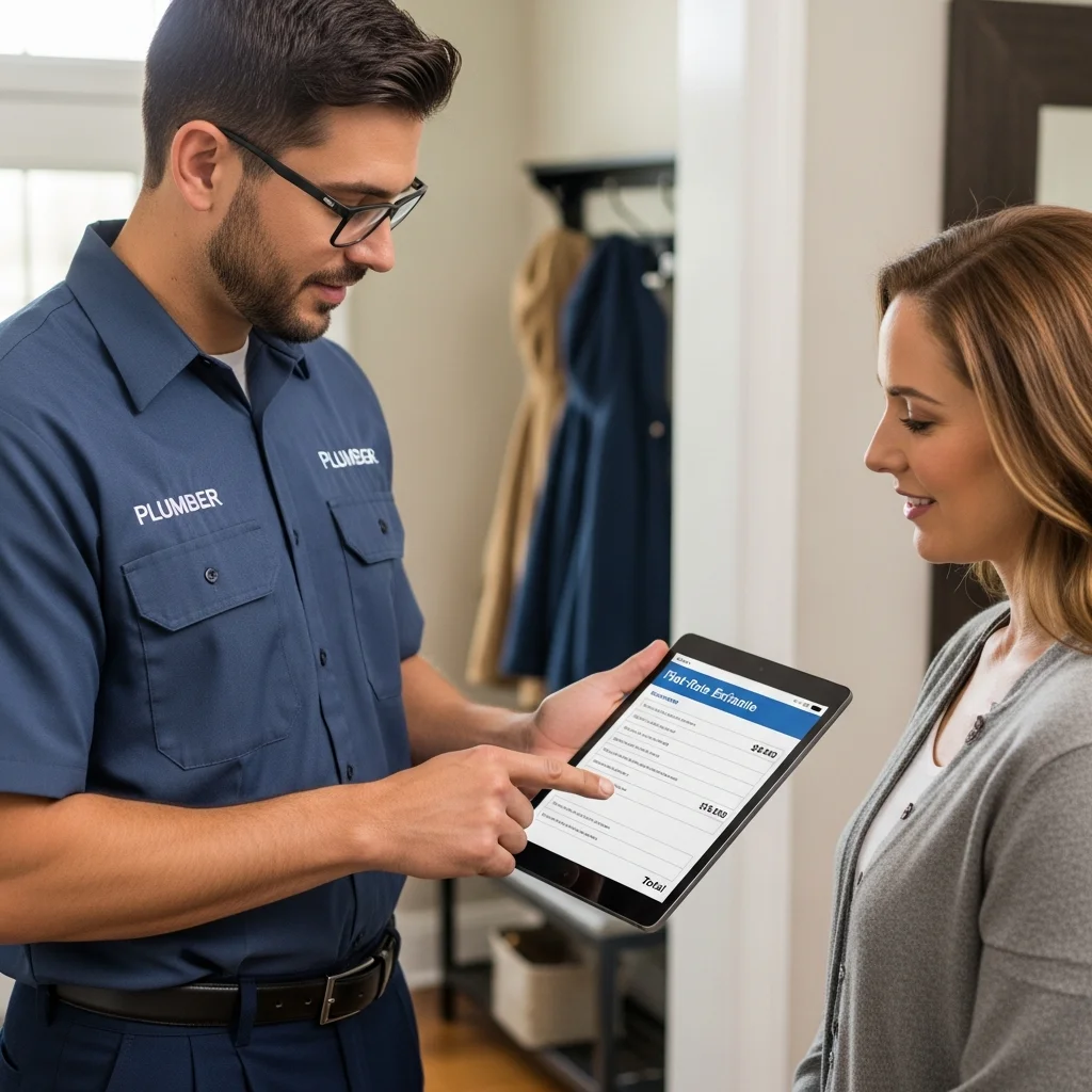 Plumber showing homeowner flat-rate sewer repair estimate on tablet computer, transparent pricing in Tulsa OK