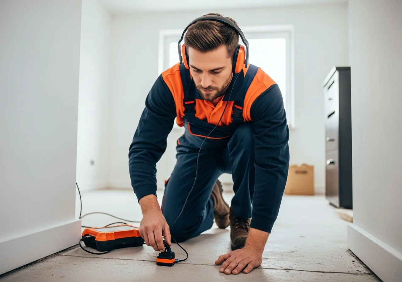 Plumber using acoustic detection equipment to locate slab leak under Tulsa home foundation