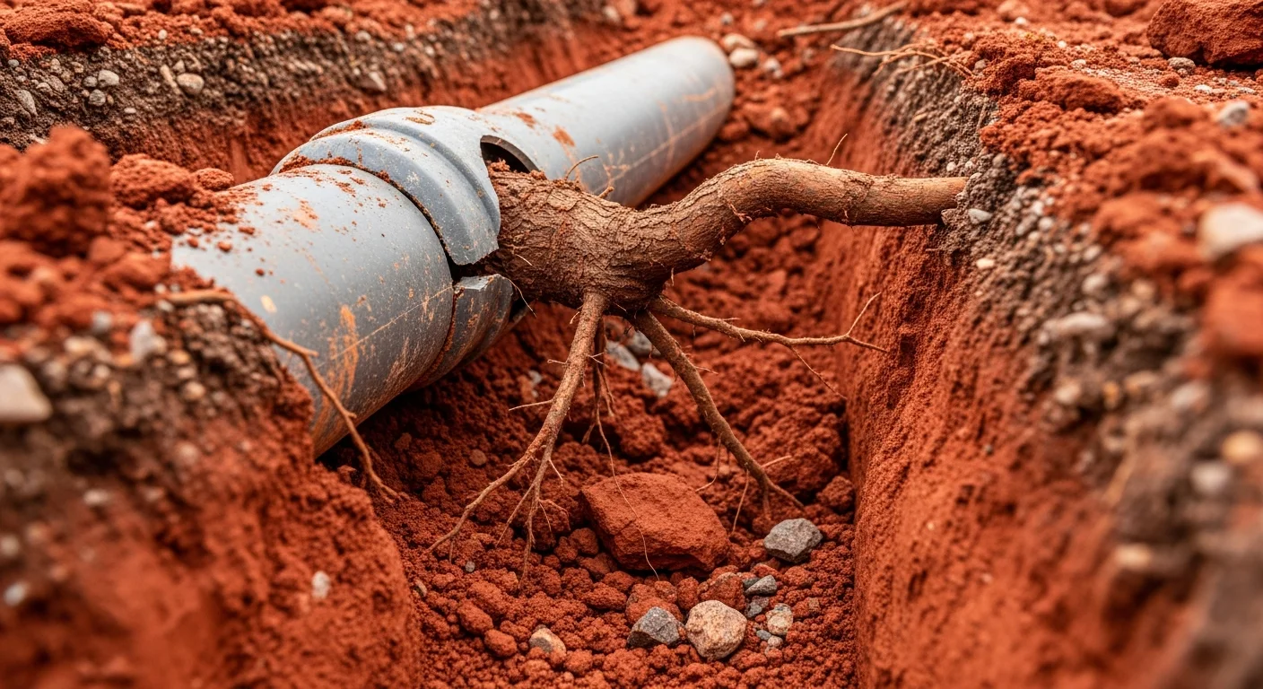 Tree root intrusion sewer line Glenpool OK clay soil