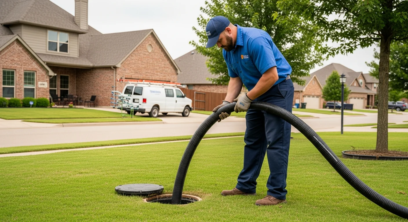 Licensed Tulsa plumber feeding pipe lining equipment into a residential sewer cleanout access point with no trench or excavation visible — intact suburban lawn and home in background