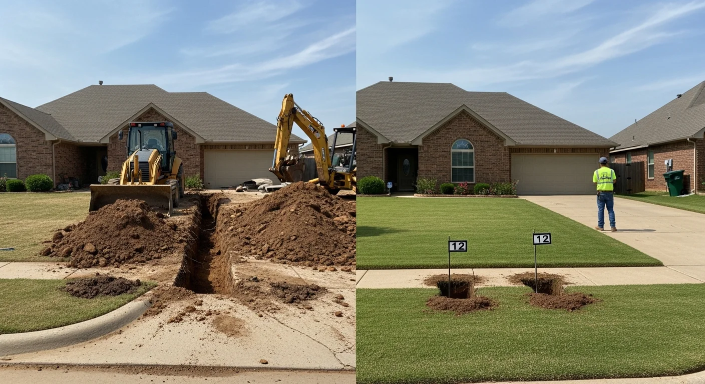 Side-by-side comparison of traditional sewer excavation with full trench dug versus trenchless repair with only two small access holes in an intact suburban yard