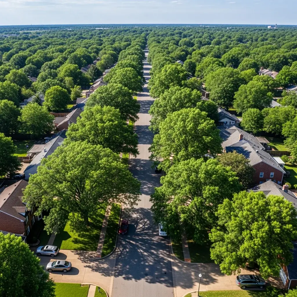 Aerial view of Tulsa Oklahoma residential neighborhood with mature post oak trees near homes, tree roots a common cause of sewer line damage