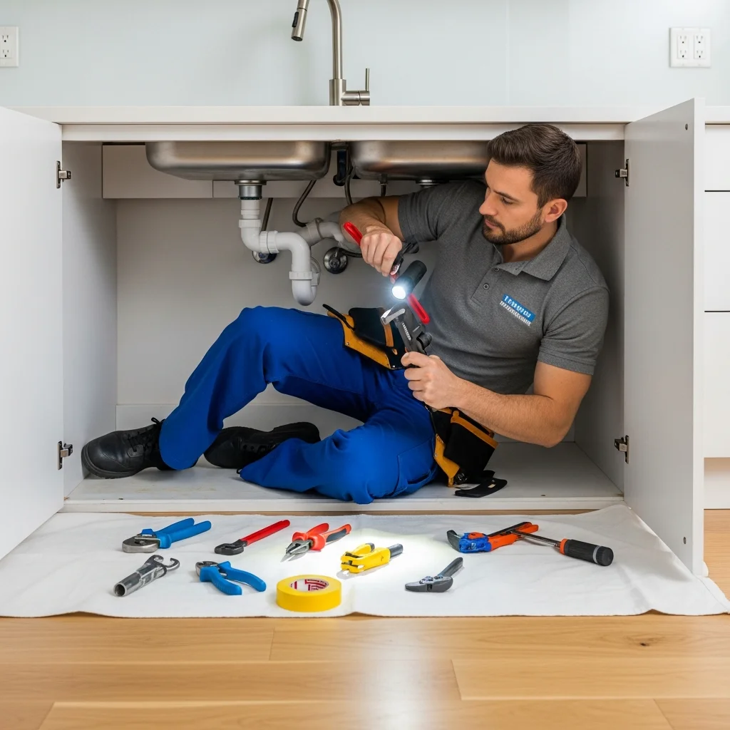 Professional Tulsa plumber working under kitchen sink with tools