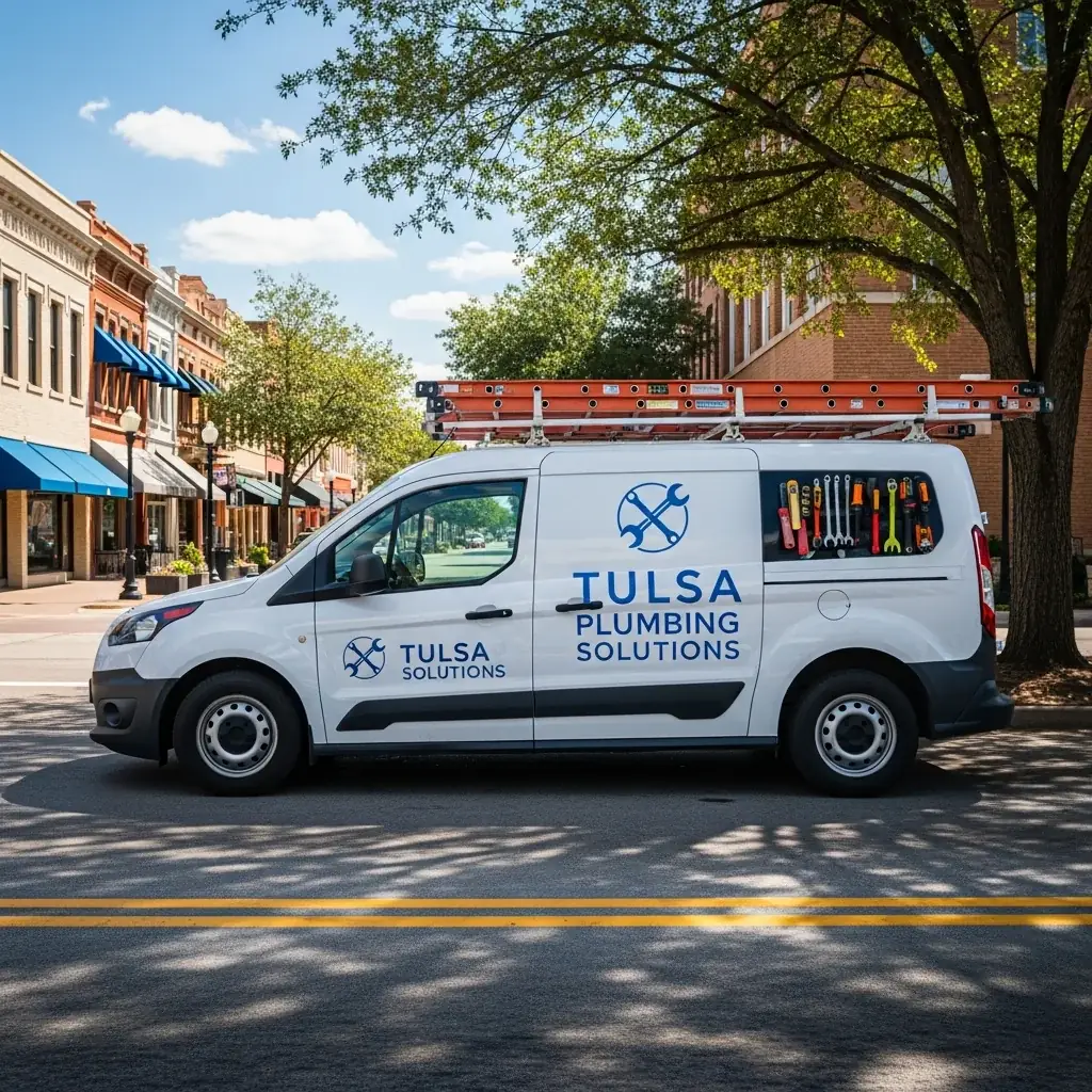 Tulsa Sewer & Drain service van parked on a sunny Tulsa Midtown street