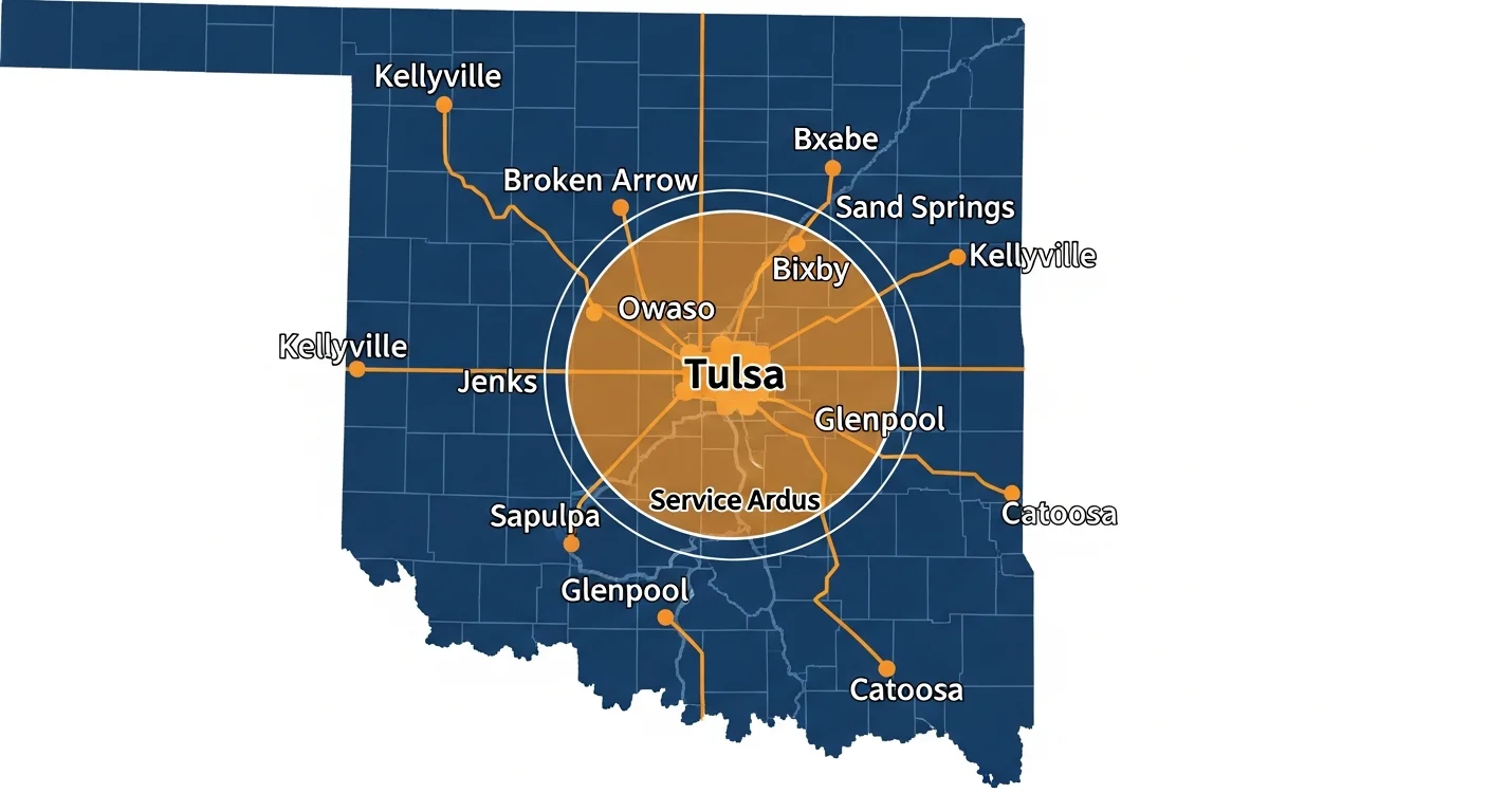 Tulsa metro emergency plumbing service area map including Broken Arrow Owasso Bixby Jenks