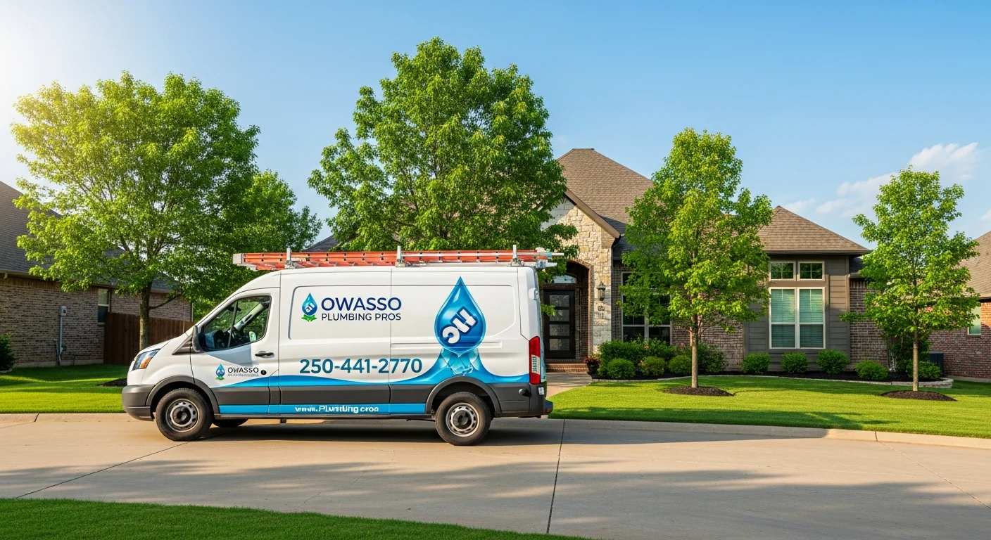 Tulsa Sewer and Drain service van parked in residential Owasso neighborhood