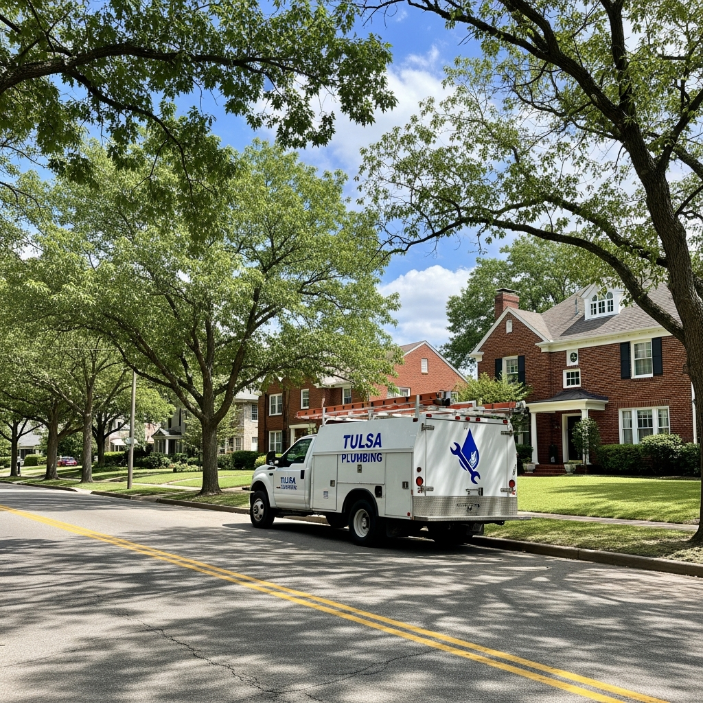 Tulsa Sewer & Drain truck parked in Midtown Tulsa residential neighborhood